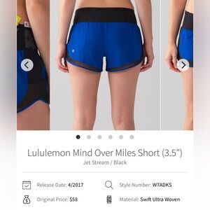 Lululemon Mind Over Miles Short (3.5")Jet Stream / Black sz 8